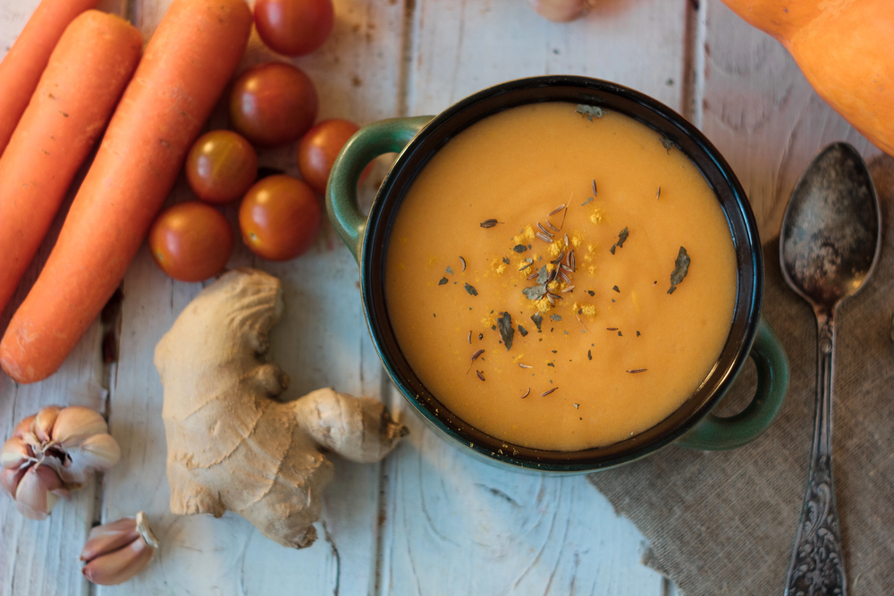 Top View Ginger Carrot Cream Soup White Surface — Stock Photo, Image