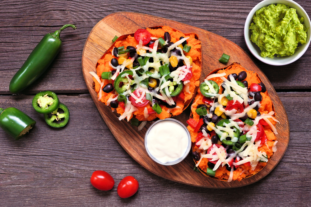 Taco Style Stuffed Sweet Potatoes Black Beans Vegetables Cheese Overhead — Stock Photo, Image