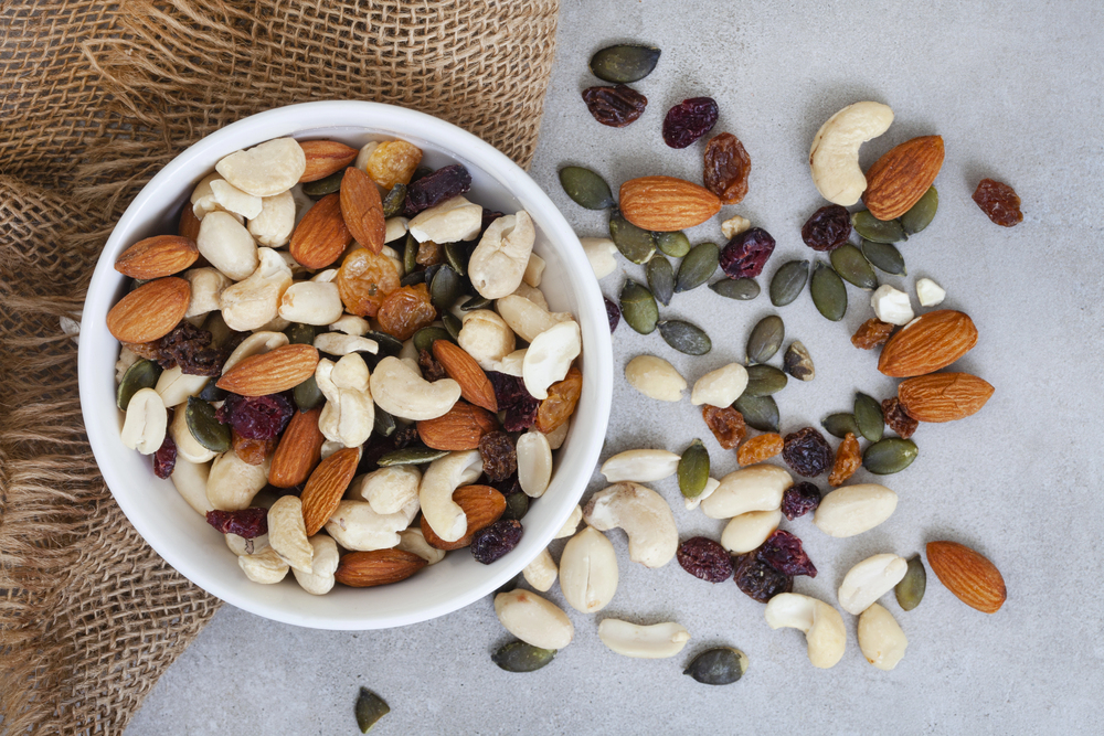 Trail Mix Nuts Cranberries Rustic Grunge Background Copy Space — Stock Photo, Image
