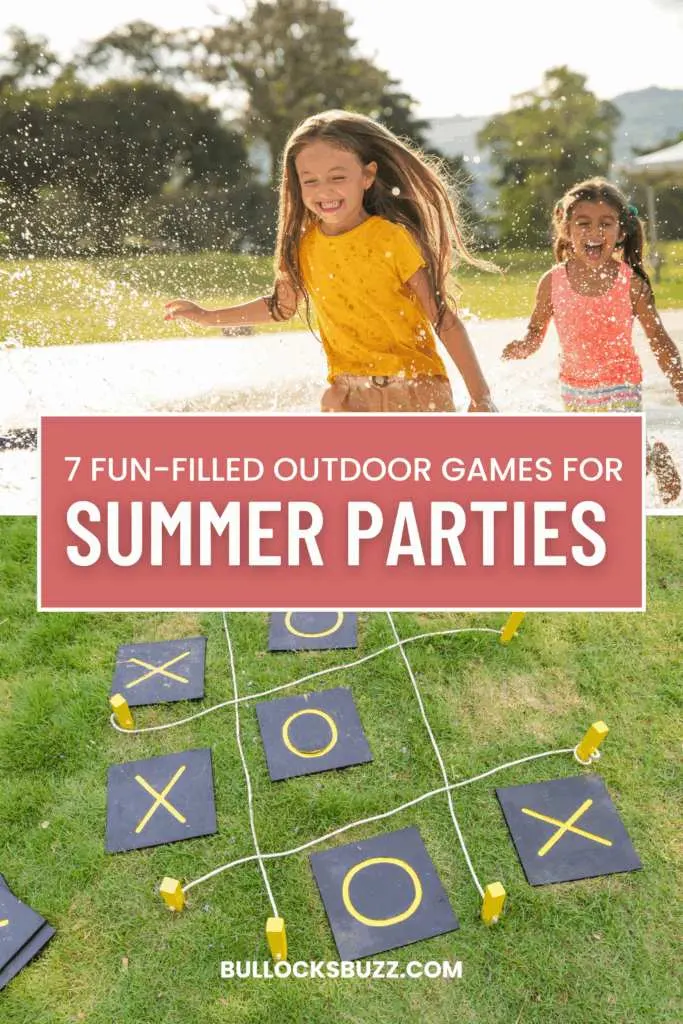 Two pictures showing kids playing outdoor games for summer parties that are easy to set up and lots of fun