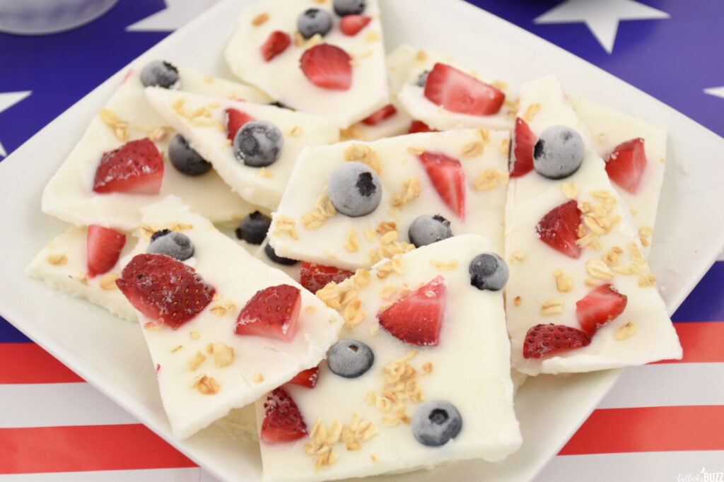 close up image of Frozen Yogurt Bark on a white plate