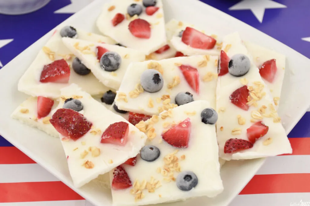 close up image of Frozen Yogurt Bark on a white plate
