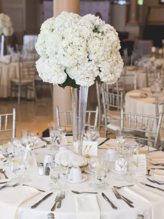 Several tables decorated in white for an affordable catered celebrations