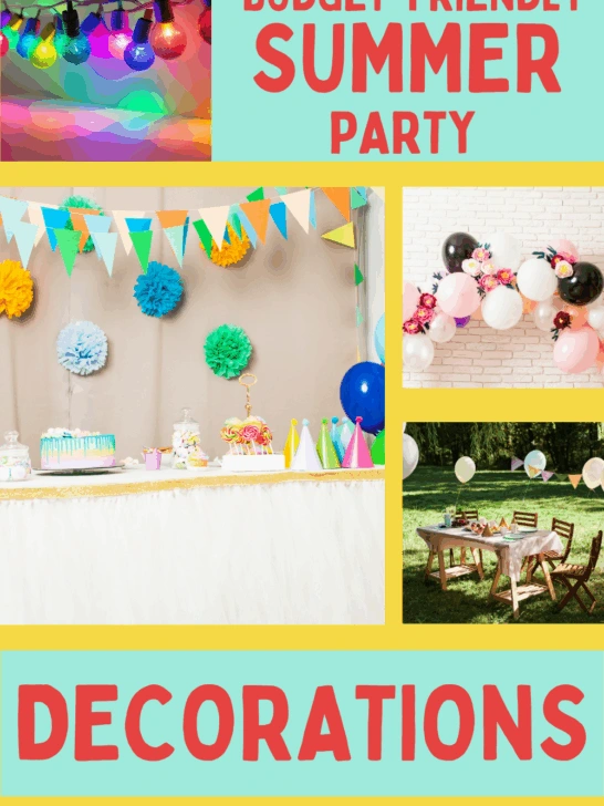 A collage of images showing budget-friendly summer party decorations including balloon arches, pom-poms, colored lights and more.