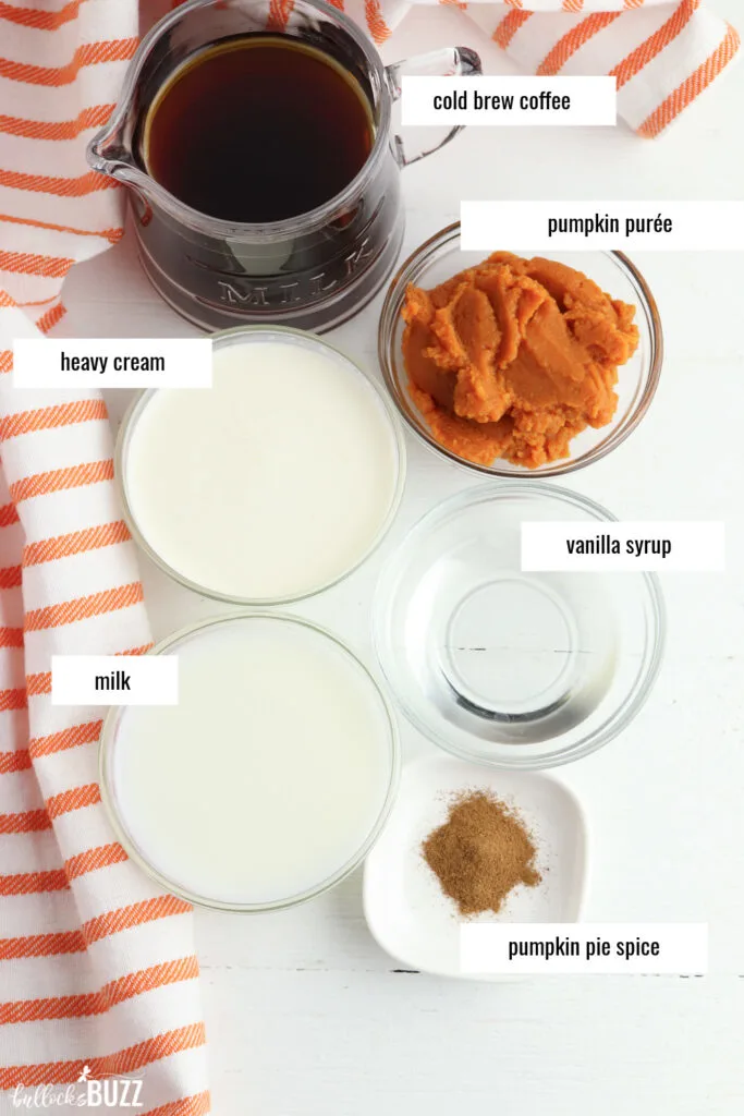 Ingredients to make Copycat Starbucks Pumpkin Cream Cold Brew in small bowls on an orange and white background