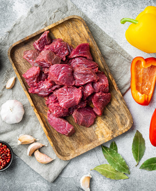 Fresh Raw Chopped Beef Set Sweet Bell Pepper Gray Stone — Stock Photo, Image