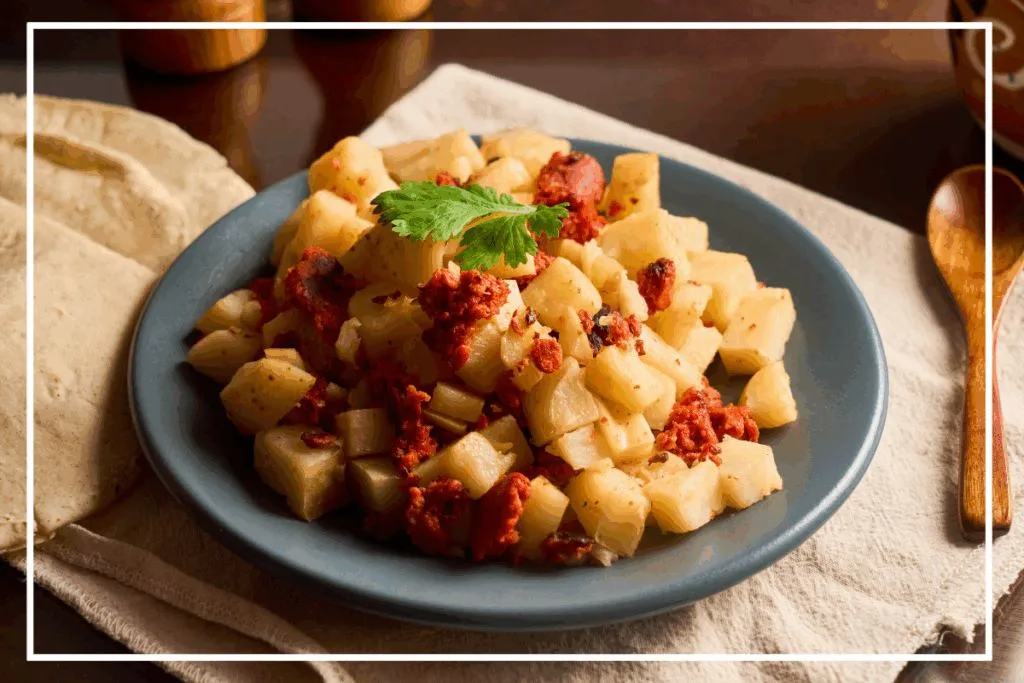A blue plate filled with Papas con Chorizo