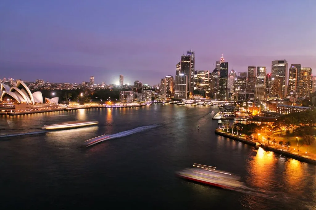 Panoramic view of Sydney city at night with sparkling skyline, an unforgettable stop on any Australia travel bucket list.
