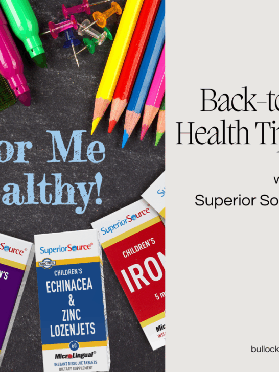 An image showing boxes of Superior Source Vitamins along with colorful school supplies om a chalkboard background