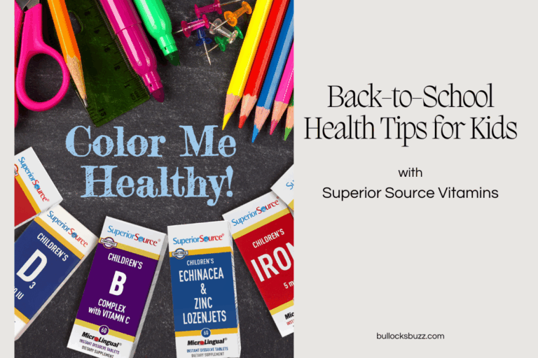 An image showing boxes of Superior Source Vitamins along with colorful school supplies om a chalkboard background