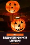 Two DIY Halloween Pumpkin Lanterns lit up and sitting on the front porch steps