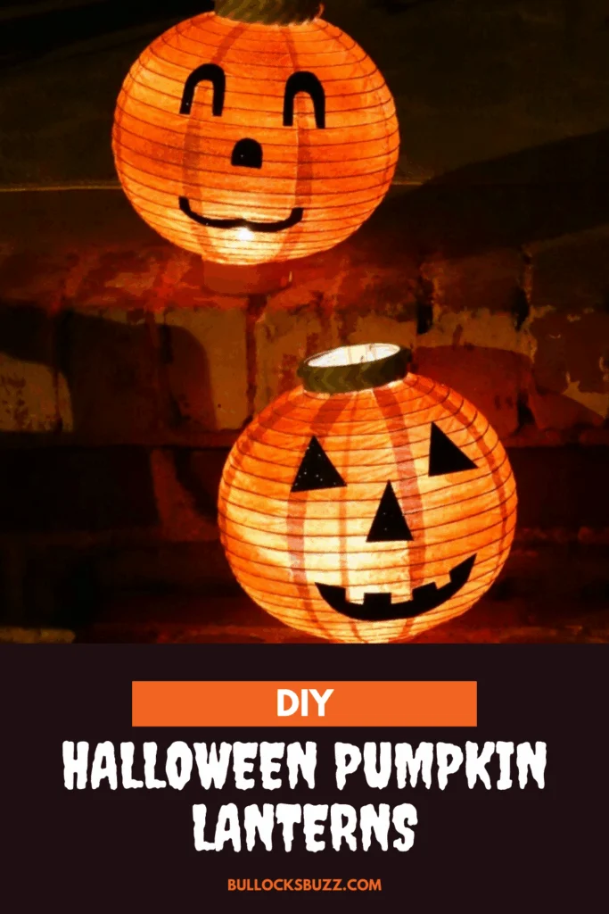 Two DIY Halloween Pumpkin Lanterns lit up and sitting on the front porch steps
