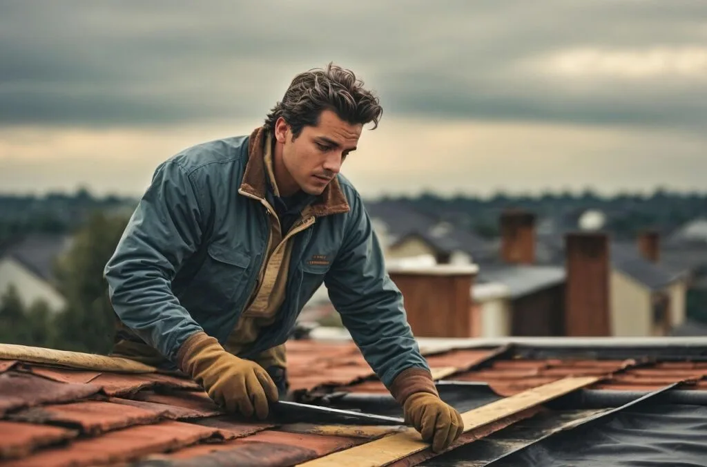 Man repairing roof shingles, illustrating the importance of roof maintenance for homeowners.