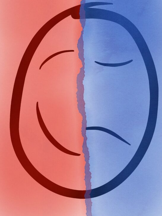 An illustration showing half a smiley face and half a sad face representing what it is like to be living with bipolar disorder