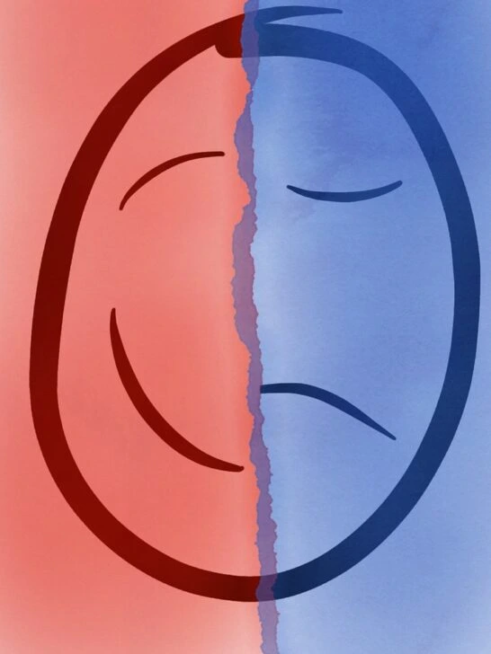 An illustration showing half a smiley face and half a sad face representing what it is like to be living with bipolar disorder