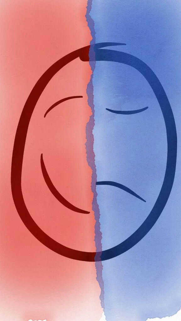 An illustration showing half a smiley face and half a sad face representing what it is like to be living with bipolar disorder