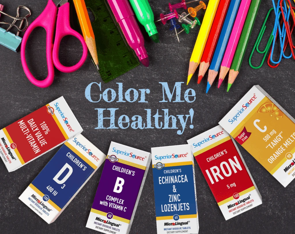 An image showing school supplies laid out on a blackboard above boxes of Superior Source Vitamins