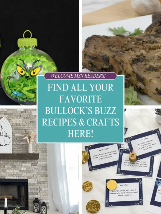 A collage of images highlighting Bullock's Buzz content including a recipe, craft, printable and DIY projects