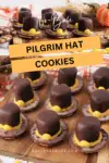 No-Bake Fudge Stripe Pilgrim Hat Cookies arranged on a wooden board with yellow candy buckles and orange plaid napkins, an easy and fun Thanksgiving dessert idea from Bullock’s Buzz.