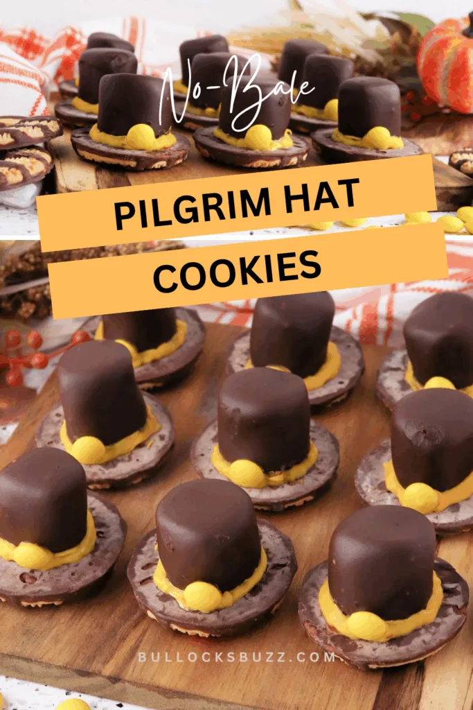 No-Bake Fudge Stripe Pilgrim Hat Cookies arranged on a wooden board with yellow candy buckles and orange plaid napkins, an easy and fun Thanksgiving dessert idea from Bullock’s Buzz.
