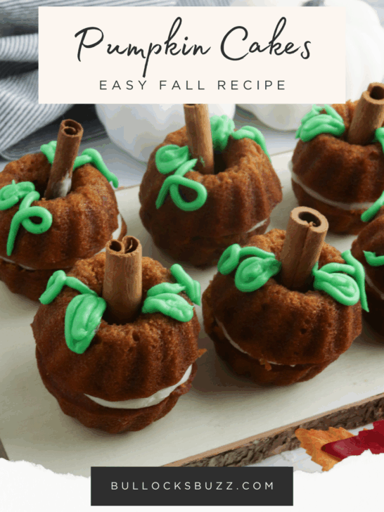 Pumpkin cakes decorated with green frosting vines and cinnamon stick stems, easy fall recipe from BullocksBuzz.com.