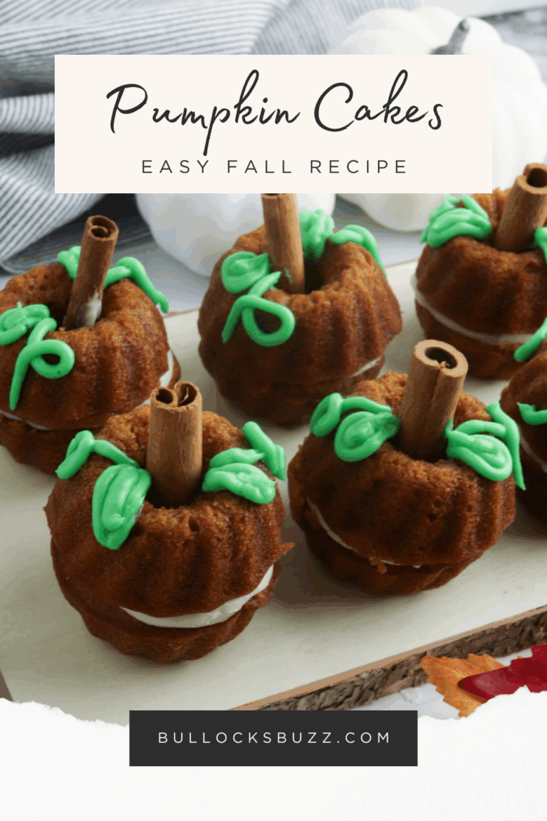 Pumpkin cakes decorated with green frosting vines and cinnamon stick stems, easy fall recipe from BullocksBuzz.com.