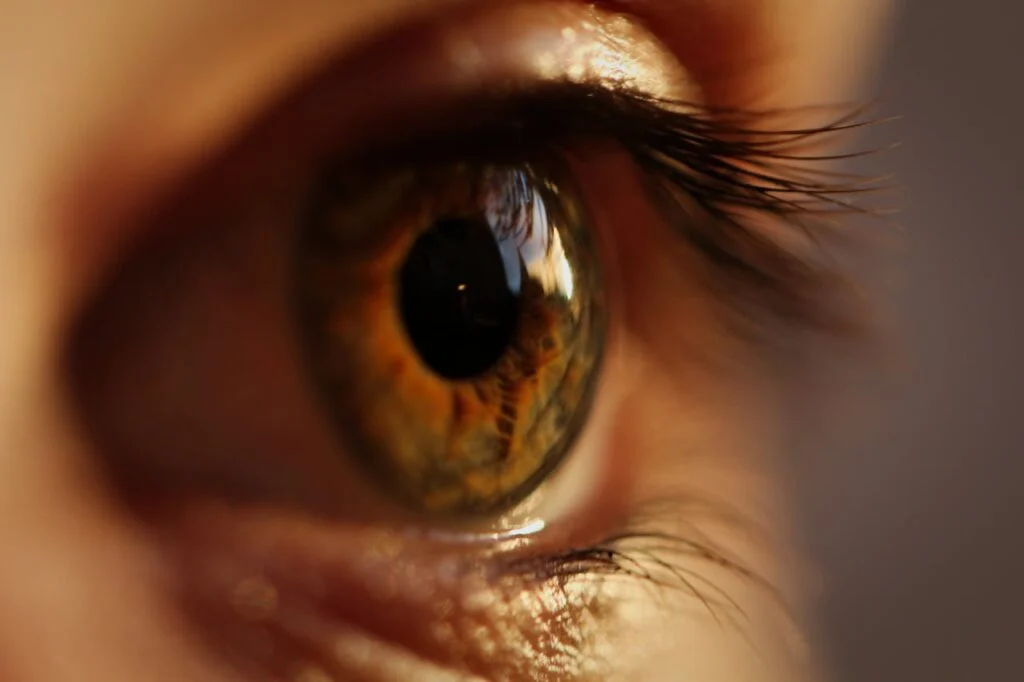 Close-up of a human eye with sharp detail, highlighting focus, clarity, and the role of sports vision training in athletic performance