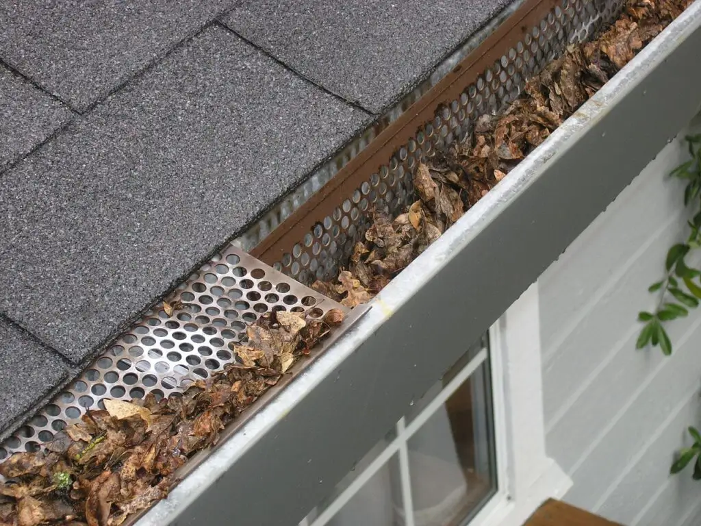 Clogged gutter filled with leaves showing poor roof maintenance and the need for regular cleaning to prevent water damage