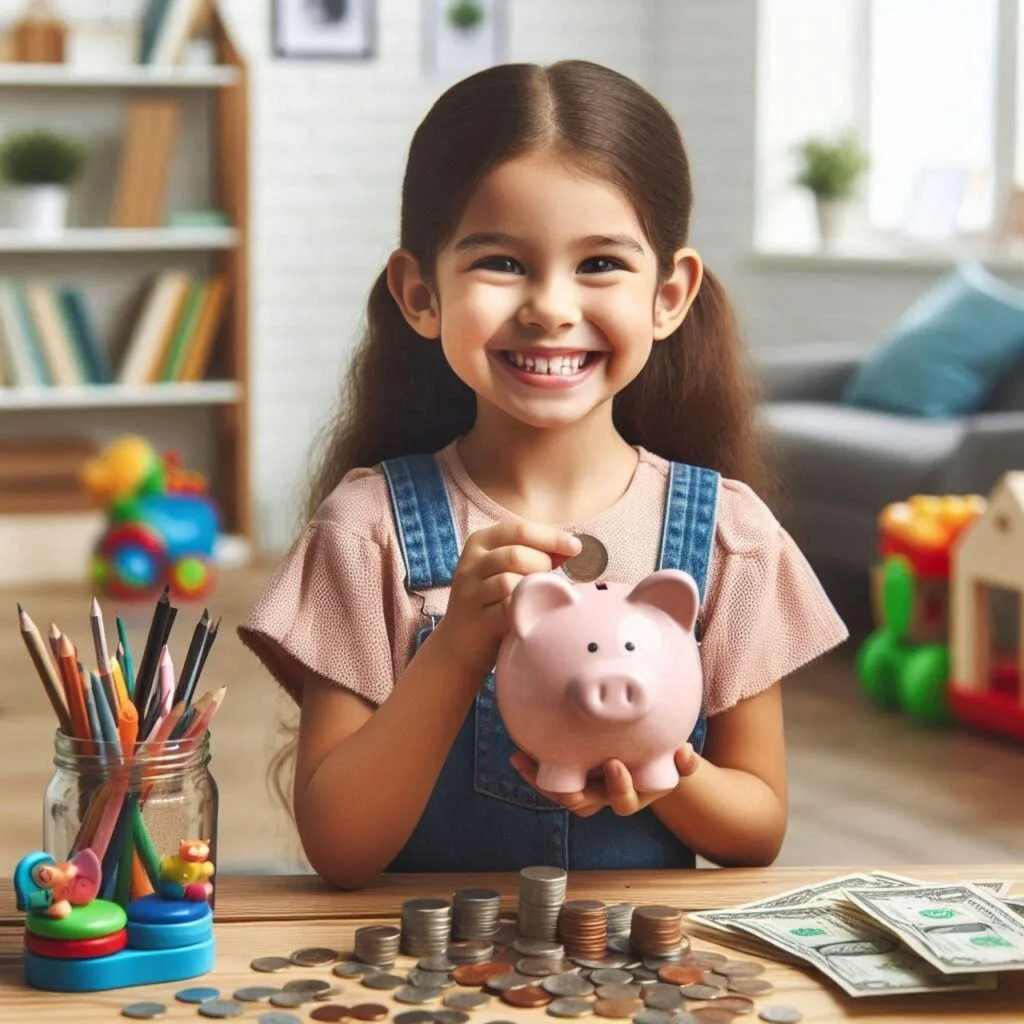 Young girl smiling while holding a pink piggy bank surrounded by coins and cash on a table, representing teaching kids about saving money.