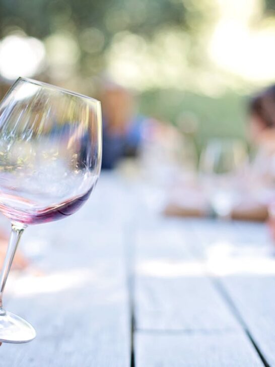 A guest holding a glass of red wine at an outdoor table during a relaxed Gatlinburg wine tasting experience, surrounded by people enjoying conversation in the Tennessee sunshine.