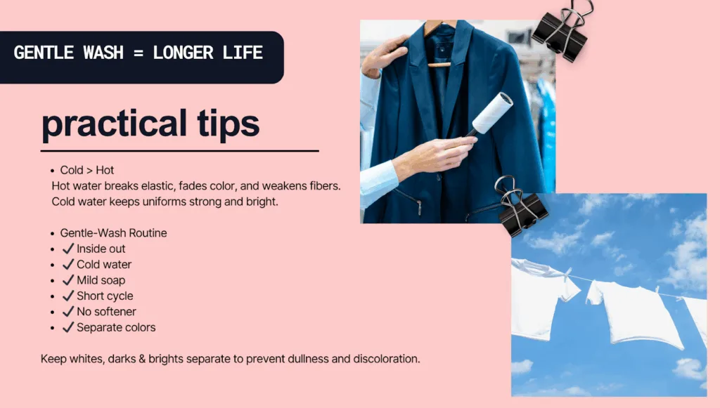 A person using a lint roller on a navy school blazer, demonstrating clothing care before washing.