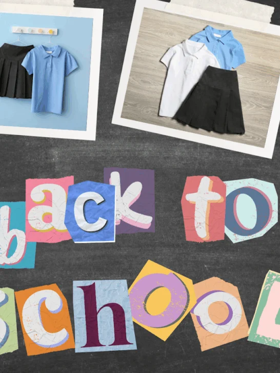 Back to school collage showing organized school uniforms, skirts, polos, dress shoes, and children wearing uniforms, promoting school uniform care and long-lasting clothing.