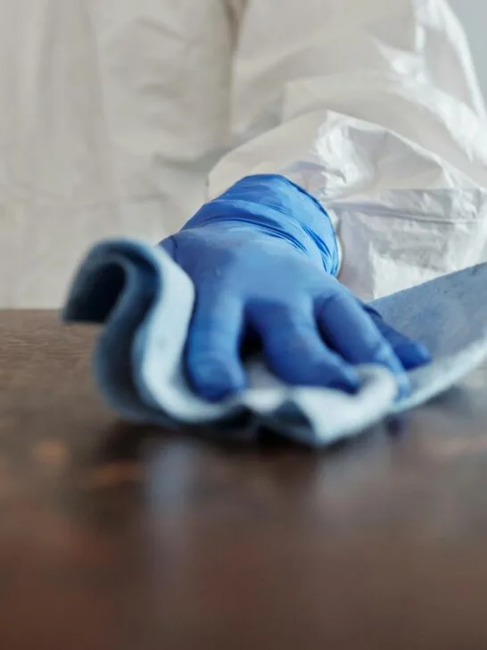 A close-up of a cleaner wearing blue gloves wiping a wooden surface, illustrating southern move out cleaning tips for tackling grime in humid climates.