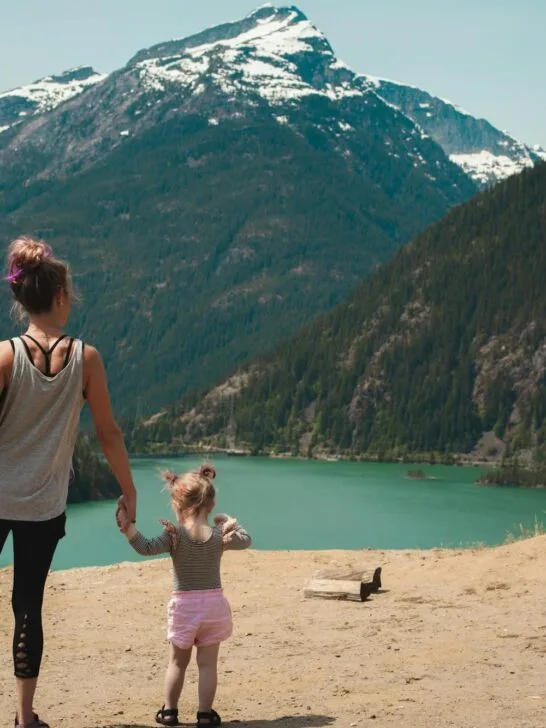 A parent and young child holding hands while overlooking a mountain lake during a family outdoor adventure.