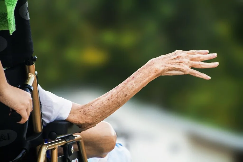 Caregiver standing beside an elderly patient in a wheelchair, offering comfort and support in a peaceful outdoor setting
