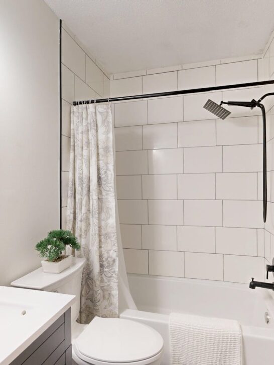 Small bathroom with white subway tile shower, modern vanity, mirror, and toilet showing practical layout and storage design.