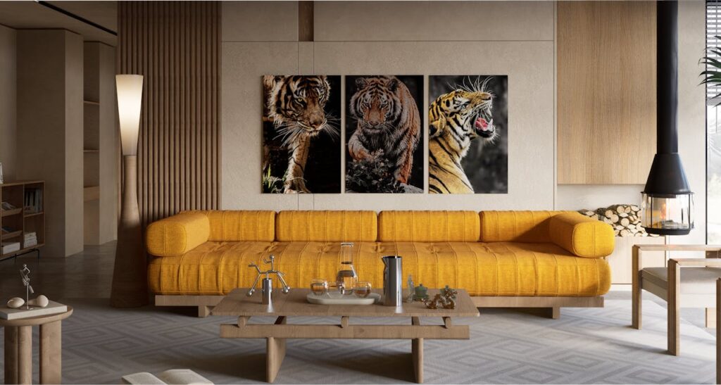 living room with large wall art canvas prints of tigers above a modern sofa and coffee table