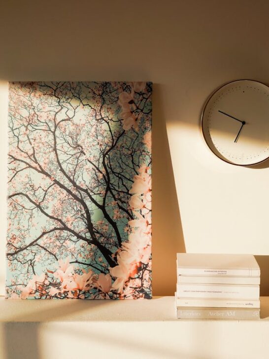 custom canvas prints featuring floral tree artwork displayed on a modern wall with soft natural lighting