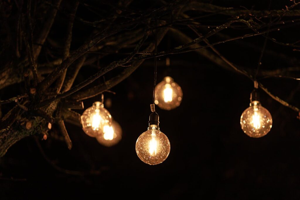 eco-friendly backyard ideas with warm outdoor string lighting hanging in trees at night