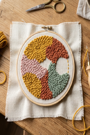 Colorful punch needle embroidery project in an embroidery hoop with yarn and tools on a wooden table.