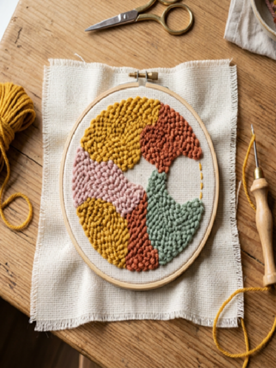 Colorful punch needle embroidery project in an embroidery hoop with yarn and tools on a wooden table.