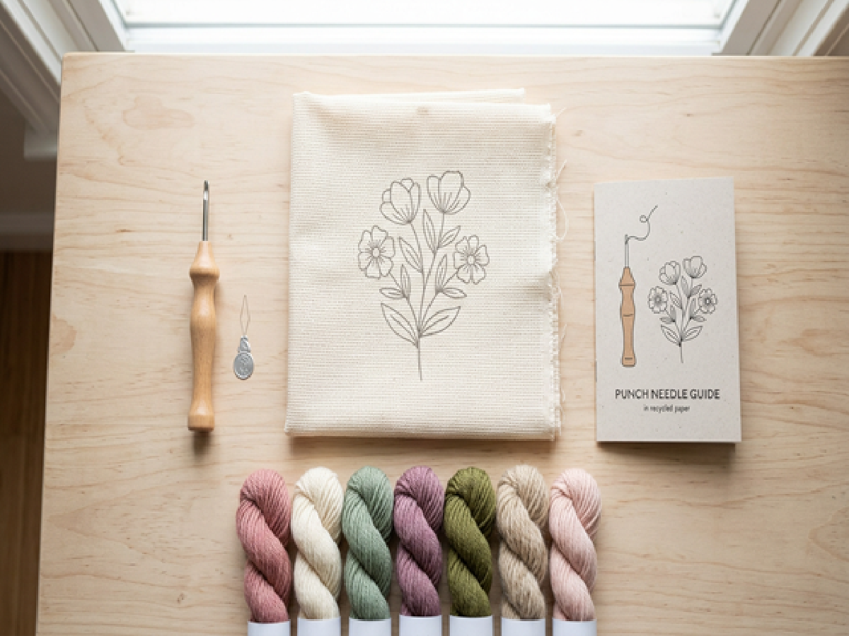 Punch needle for beginners kit with monk&rsquo;s cloth, punch needle tool, yarn skeins, and printed pattern ready for a first project.