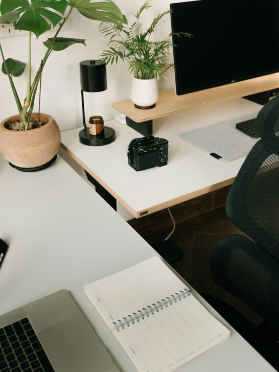 Cozy desk setup with plants, notebook, and modern workspace decor