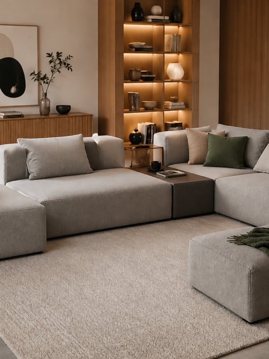 Modern modular sofa in a cozy living room showcasing adaptable furniture ideas for flexible living spaces