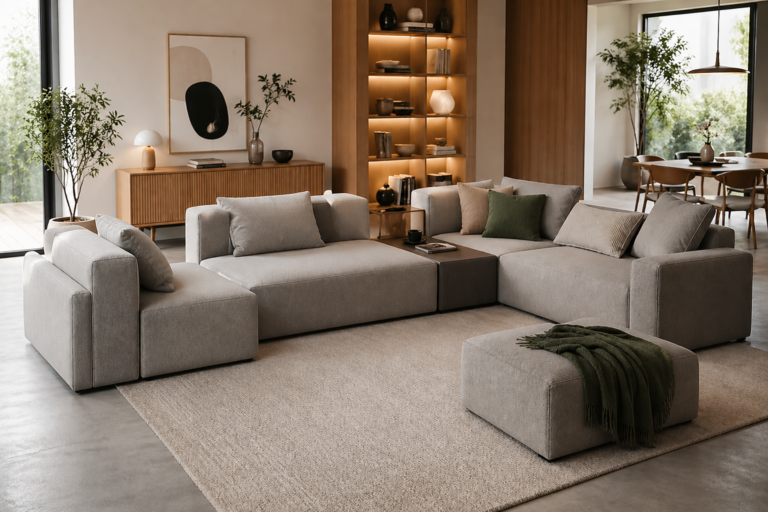 Modern modular sofa in a cozy living room showcasing adaptable furniture ideas for flexible living spaces