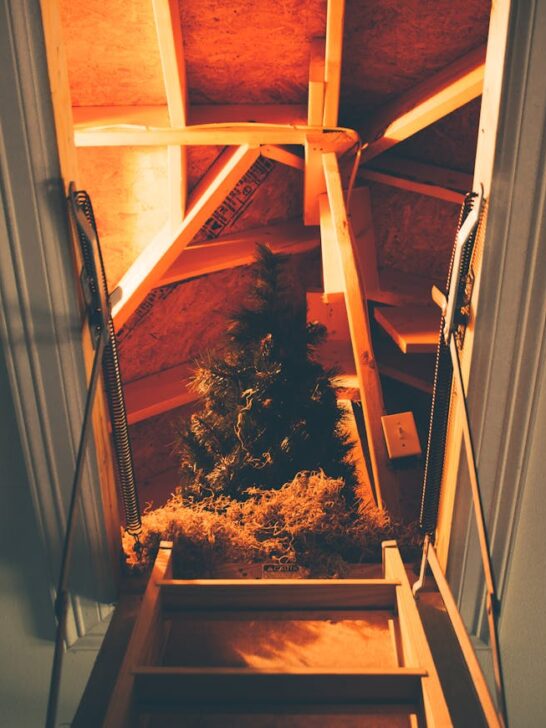 View from ladder into attic with stored seasonal items and lighting for easy retrieval