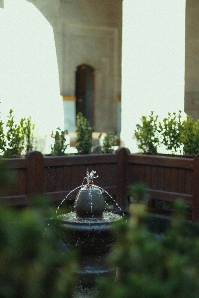 small backyard water fountain surrounded by greenery creating a relaxing backyard