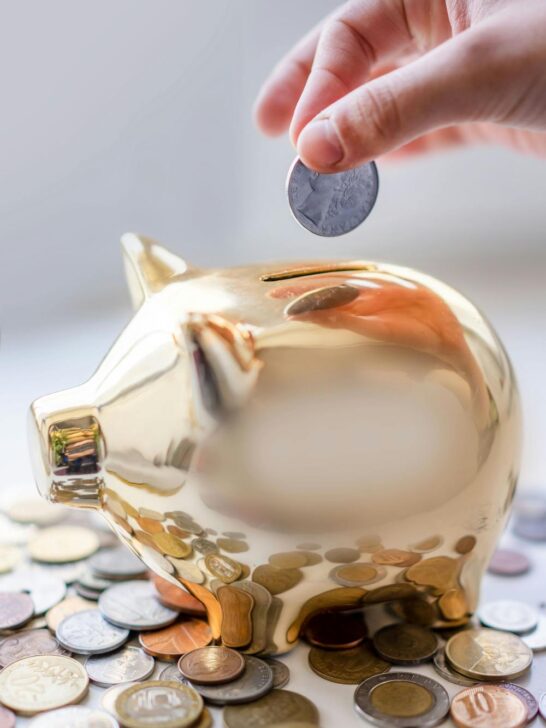 Financial projection tools concept showing savings growth with coins being added to a piggy bank