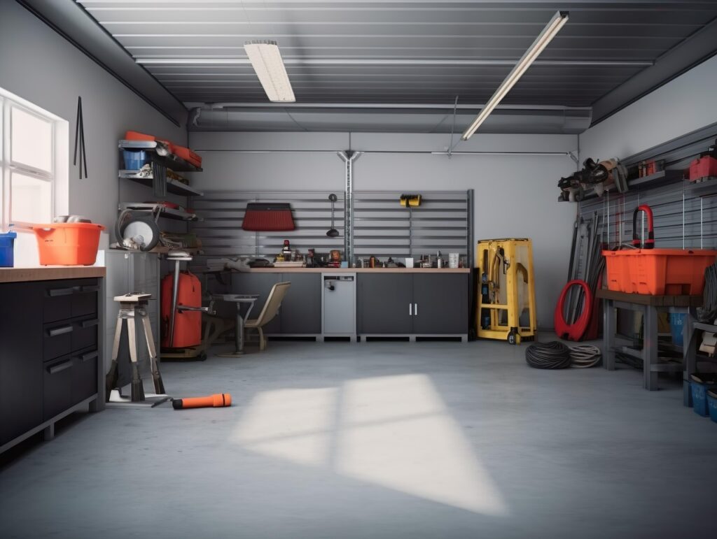 Organized garage workspace with cabinets, shelves, and tools stored neatly along the wall