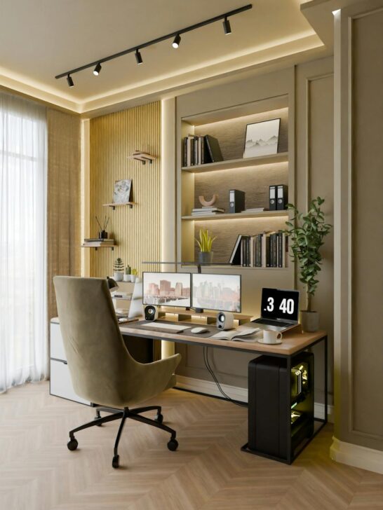 Home office refresh ideas with cozy desk setup, warm lighting, and organized shelving